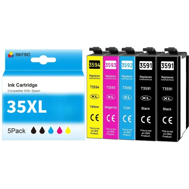 INKFIND 35XL T3596 inktcartridge 5 Pack (Zwart*2+Cyaan+Magenta+Geel) compatibel met Epson T3591/T3591/T3592/T3593/T3594 voor EPSON WorkForce Pro WF-4720DWF/4725DWF/4730DTWF/4740DTWF - 5-pack BK/C/M/Y Zwart x 2, CYAAN x 1, MAGENTA x 1, GEEL x 1