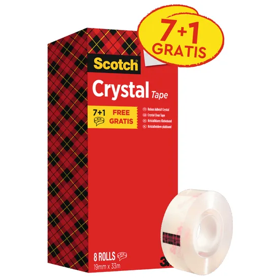 Scotch Plakband Scotch Crystal 600 19mmx33m transparant 7+1 gratis geel