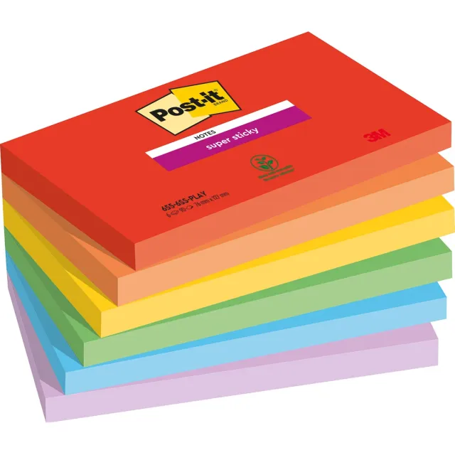Post-it Super Sticky notes Playful, 90 vel, ft 76 x 127 mm, geassorteerde kleuren, pak van 6 blokken blauw