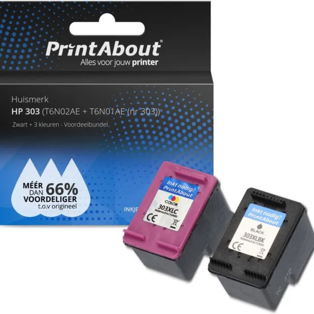 PrintAbout Huismerk HP 303 (3YM92AE) Inktcartridge Zwart + 3 kleuren Voordeelbundel