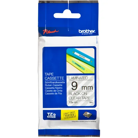 Brother Labeltape Brother P-touch TZe-121 standaard 9mm zwart op transparant
