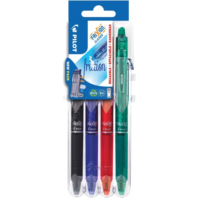 Pilot intrekbare roller FriXion Ball Clicker Set 2 Go, medium punt, 0,7 mm, blister met 4 stuks blauw