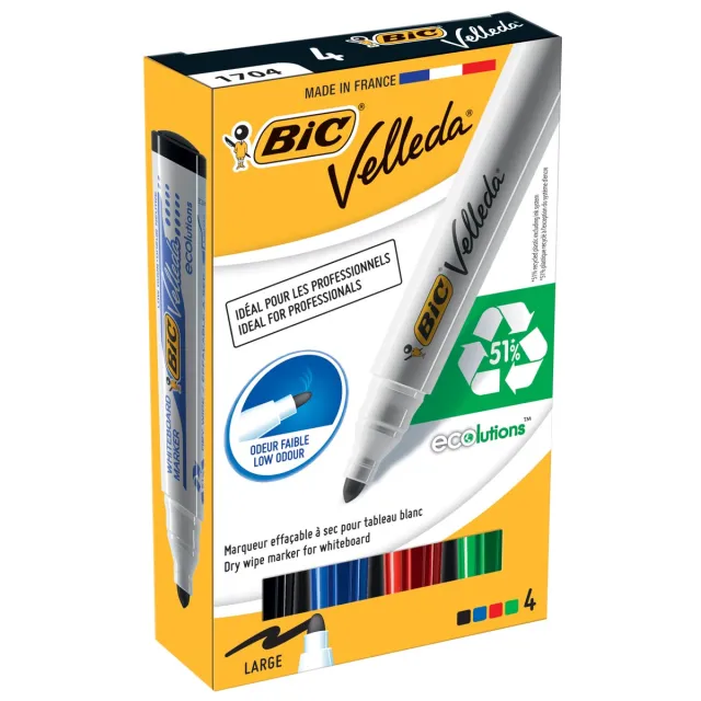 Velleda Bic whiteboardmarker 1701 doos van 4 stuks in geassorteerde kleuren blauw