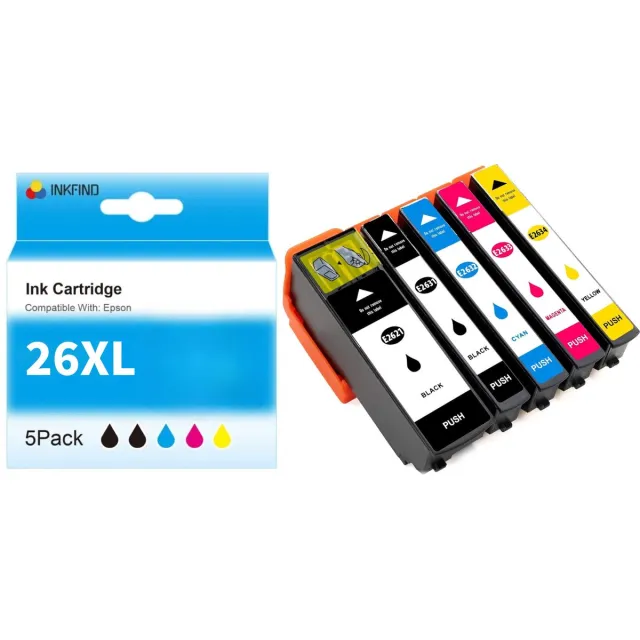 INKFIND 26XL inktcartridge 5 Pack (Zwart+Foto Zwart+Cyaan+Magenta+Geel) compatibel met Epson T2621/T2631/T2632/T2633/T2634 voor Epson Expression Premium XP 820 810 800 720 710 700 625 620 615 610 605 600 520 510 -5-pack Zwart, Foto Zwart, Cyaan, Magenta, Geel