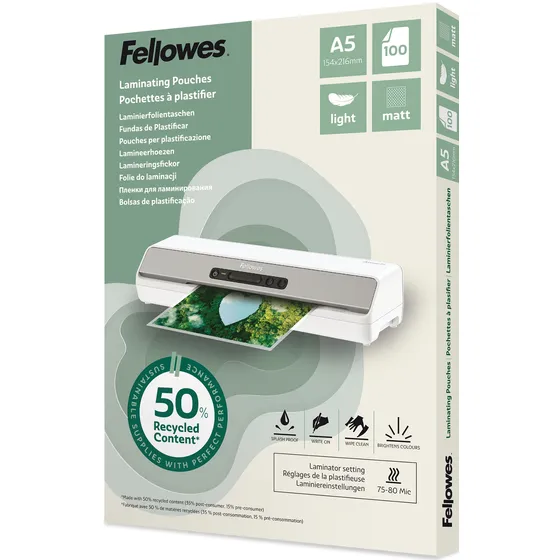 Fellowes Lamineerhoes Fellowes A5 light 50% gerecycled mat 100stuks
