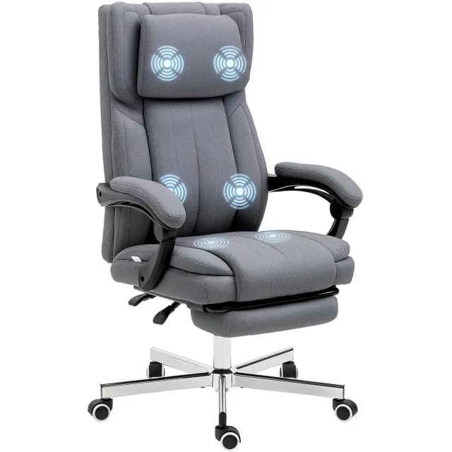 Lunpog Bureaustoel met massagefunctie - verstelbare rugleuning - uitschuifbare voetensteun - afwerking met linnenlook - grijs - 65 x 61 x 118 cm