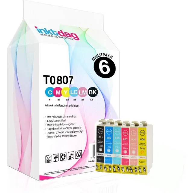 inktdag huismerk Epson T0807 inktcartridge multipack, 6 packs (1xT0801, 1xT0802, 1xT0803, 1xT0804, 1xT0805, 1xT0806) geschikt voor Epson Stylus Photo P50, PX650, PX660, PX700 W, PX820 FWD, RX585, RX685, R265, RX595, PX830 FWD, RX560, PX810 FW, PX730 Zwart