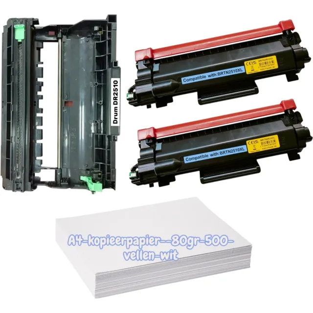 KATRIZ huismerk Drum 1x Dr2510(15 000 pagina's) + Toner 2x TN2510X (2x 3000 pagina's) | Geschikt voor Brother DCP-L2620DW /DCP-L2627DW /DCP-L2627DWE /DCP-L2627DWXL / DCP-L2660DW / DCP-L2665DW/ HL-L2400DW/ HL-L2400DWE/ HL-L2445DW/ HL-L2447DW/ MFC-L 2x Zwart Toner &1x Drum