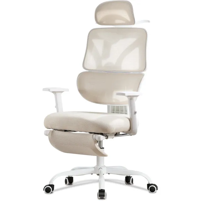 UEV 90°-135° Reclining Mesh Chair with Lumbar Support and Backrest, Ergonomic Office Chair with Headrest and Footrest, Desk Chairs with Comfort and Function, 63.5 x 70 x 118-128 cm, Beige