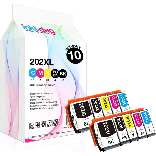 inktdag inktcartridges voor Epson 202XL, Epson 202, Epson 202xl multipack van 10 kleuren (2*zwart, 2*foto zwart, 2*C/M/Y) Multipack van 10 cartridges voor Expression Premium XP 6000, XP 6005, XP 6100 en XP 6105 2 x Zwart