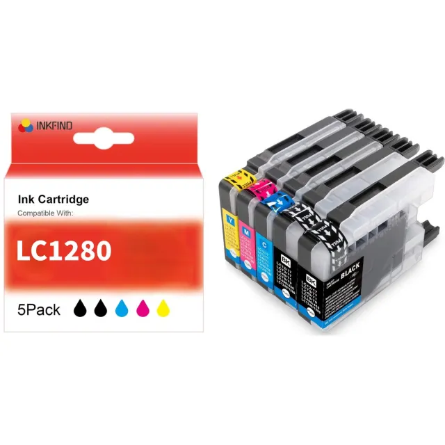 INKFIND LC1280 inktcartridge voor Brother LC1240 LC1280 LC79 LC75 inktcartridge multipack 5 stuks (Zwart x 2, Cyaan x 1, Magenta x 1, Geel x 1)