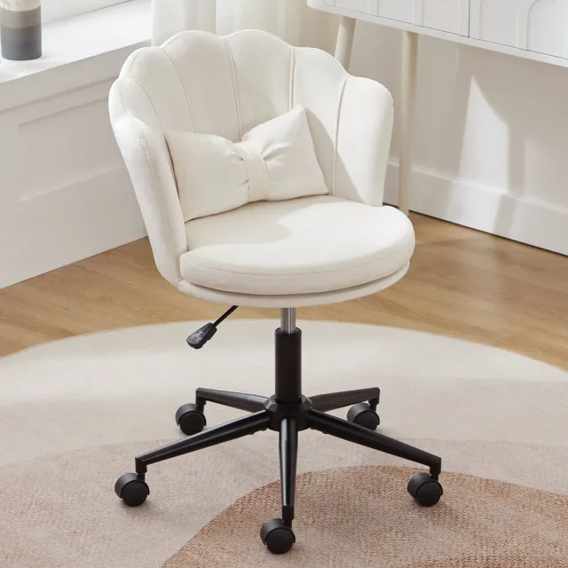 MODFU Draaistoel - In hoogte verstelbaar en 360° draaibaar - Met lendenkussen - Comfortabel zitten - Kantoor of woonkamer - Fluweel - Beige - 55×62×73-83 cm