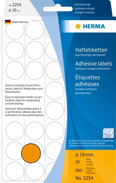 Etiket HERMA 2254 rond 19mm fluor oranje 960 stuks