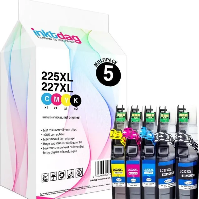 inktdag inktcartridges voor Brother LC225XL / LC227XL, multipack van 5 stuck (2*BK, 1*C, 1*M en1* Y) 2 x Zwart ( 2 x 28 ml)