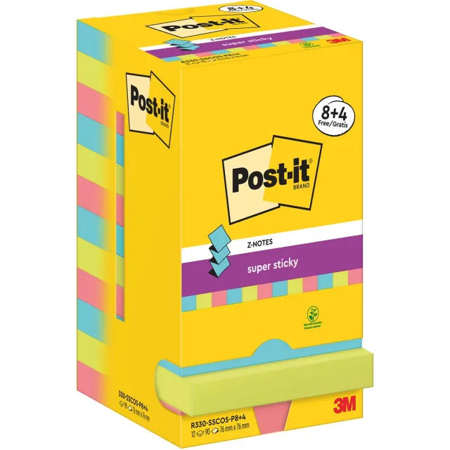 Post-it Super Sticky Z-Notes Cosmic, 90 vel, ft 76 x 76 mm, 8 + 4 GRATIS