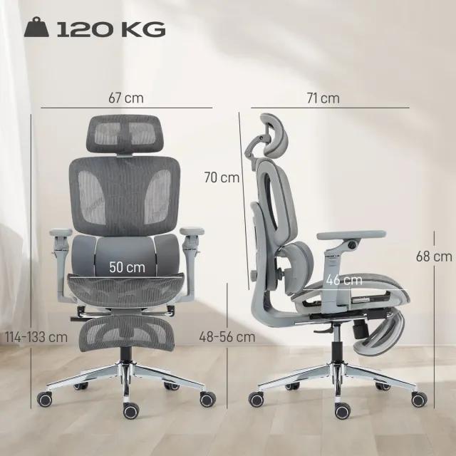Homcom bureaustoel - Mesh (100% polyester) - 67 x 71 x 133 cm - Grijs