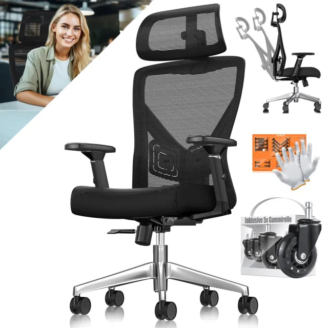 Kesser Bureaustoel Ergonomisch met Hoofdsteun en Lendensteun - Bureaustoelen voor Volwassenen, Verstelbare Armleuningen en Rugleuning - Zwart/Zilver Zwart / Zilver