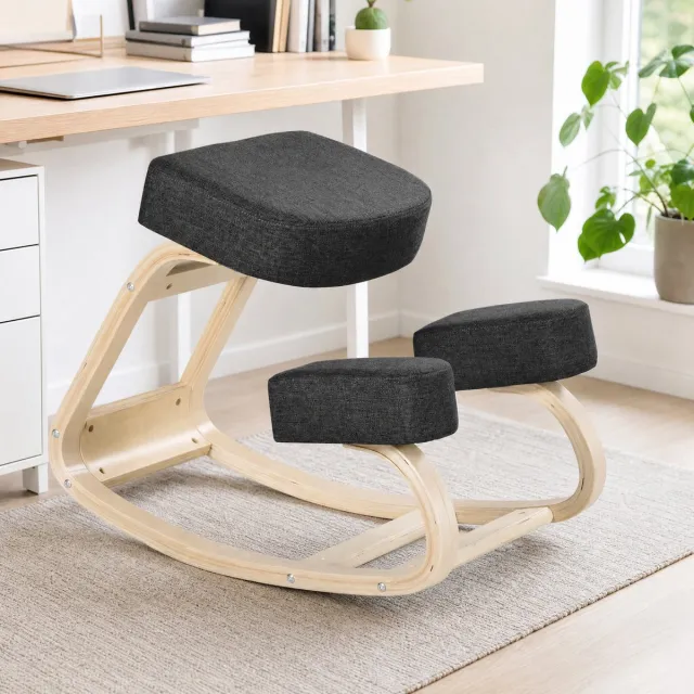 OKWISH Bureaustoelen - Bureaustoel Ergonomisch Kniestijl - Stevige Gestoffeerde Zitting - Voor Werkplek en Studie - 69×51×58 cm - Hout - Zwart