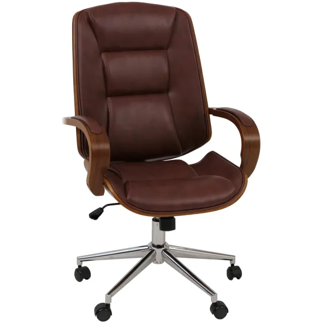 MCW Bureaustoel MCW-O83, draaistoel directiestoel, kunstleer (280 g/m²) gebogen hout MVG-gecertificeerd walnootlook ~ roodbruin