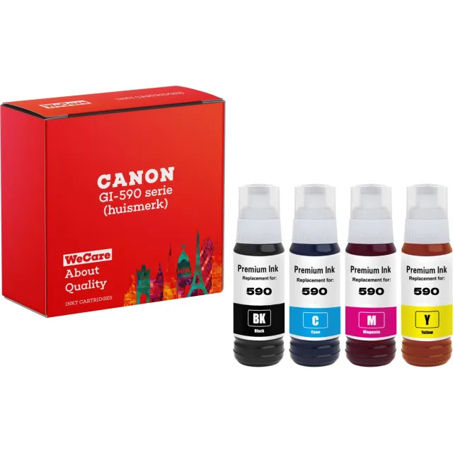 WeCare 4-pack | Huismerk geschikt voor Canon GI-490/GI-590 Inkt - Multipack 4 Inktflessen - G1410 - G1411 - G2400 - G2410 - G3400 - G3411 - G3415 - G4400 - G4411