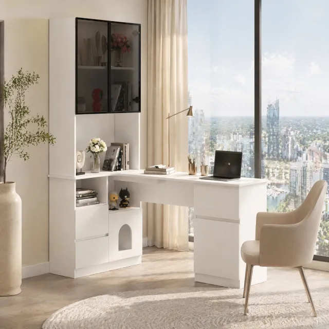 DESMIU Hoekbureau - Met Vitrinekast En Zevenkleurige Ledverlichting - Met Opbergruimte Voor Thuiswerkplek Of Studie - MDF - Wit - 120x80x180 Cm