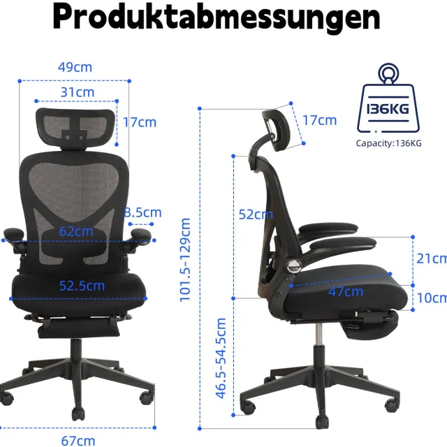 FloraGrace Ergonomische Bureaustoel 67 Cm - Opklapbaar Met 3D Hoofdsteun En Lendensteun - Voor Werk En Studie - Netstof - Zwart