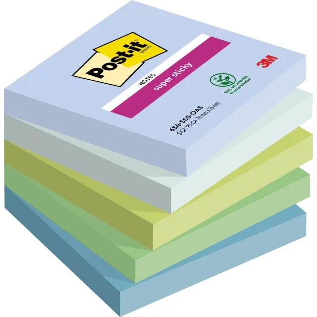 Post-it Super Sticky notes Oasis, 90 vel, ft 76 x 76 mm, geassorteerde kleuren, pak van 5 blokken blauw