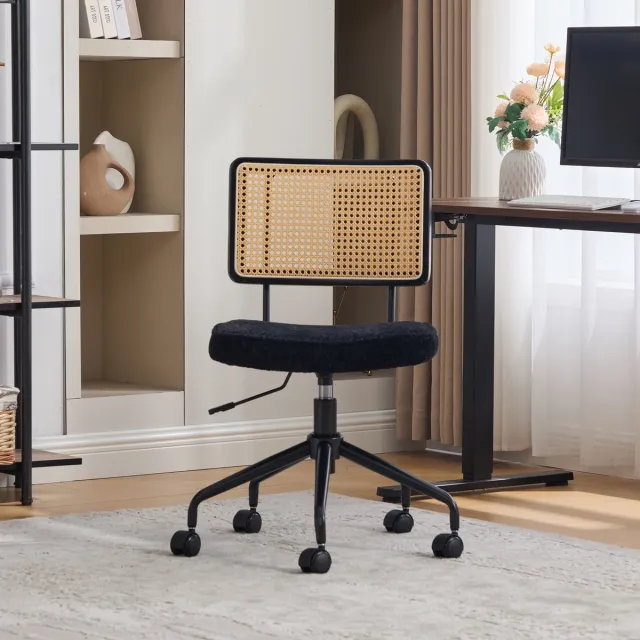 MEUNIQ vintage bureaustoel met wielen en draaifunctie, verstelbare chenille stoel met rotan rugleuning en houten frame, zonder armleuningen, zwart Black