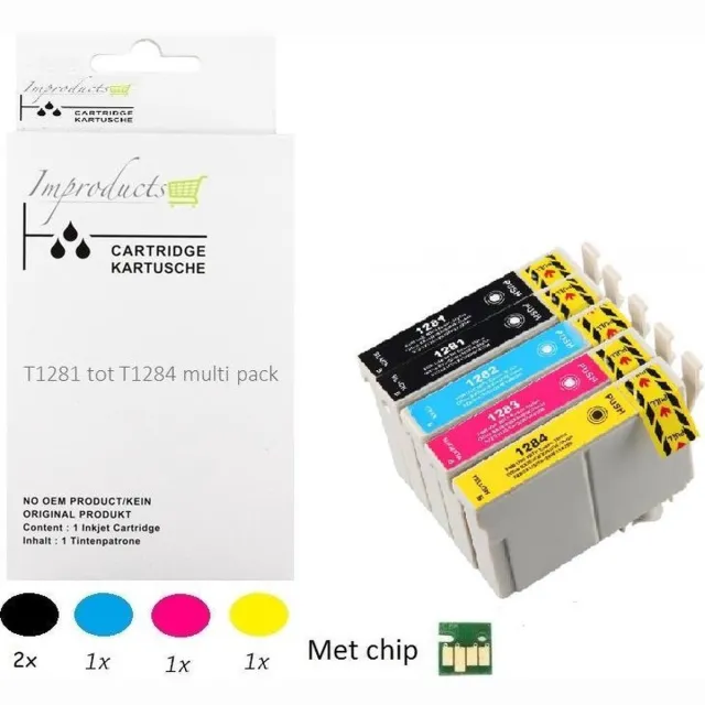 Improducts Inkt cartridges Alternatief Epson T1281 T1282 T1283 T1284 T1285 set + zwart Multicolor - Zwart (2x), Cyaan, Magenta, Geel