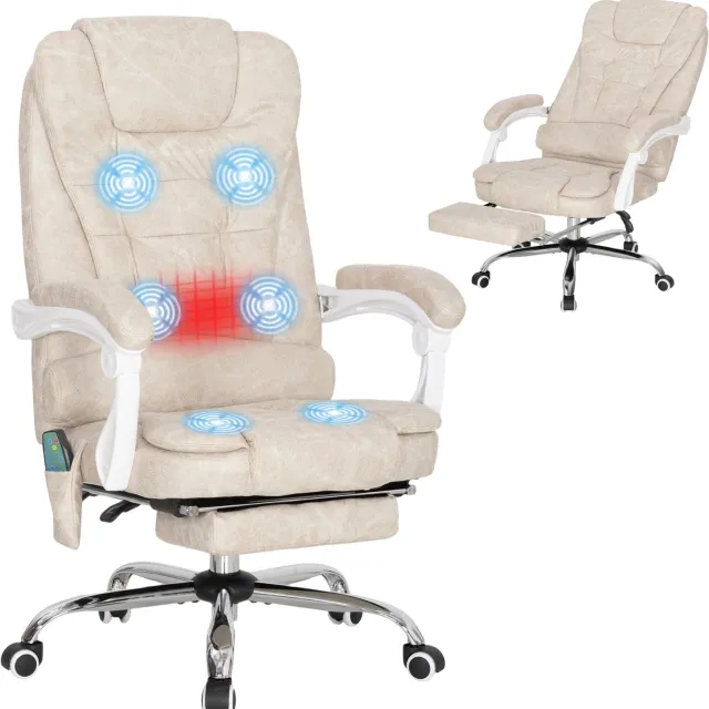 Lunpog Directiestoel - met massage- en verwarmingsfunctie - in hoogte verstelbaar - verstelbare rugleuning - 65 x 70 x 111-119 cm - crèmekleurig