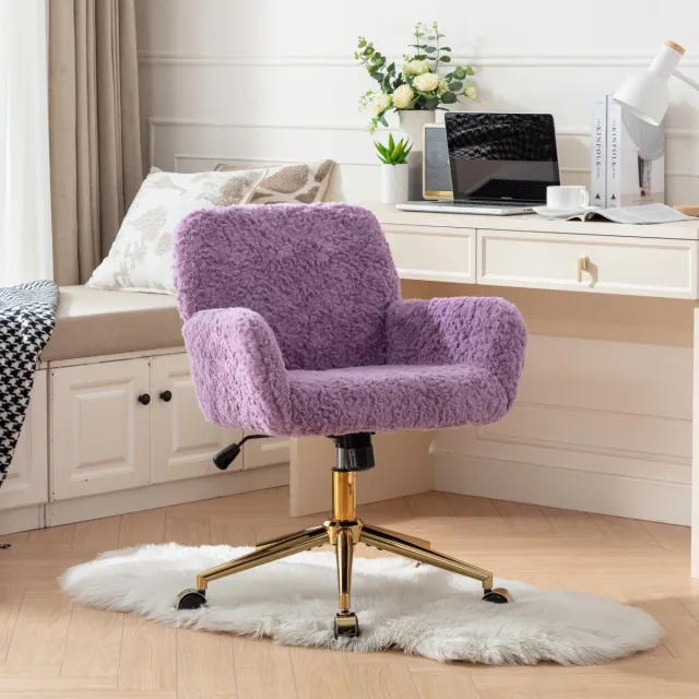 MUVANO Make-up stoel - Kaptafel stoel - Bureaustoel-Pluche stoel – In hoogte verstelbaar – 360° draaibaar – Gouden poten - Armleuning - Slaapkamer - 61x60x90cm- 1 stuk-Paars