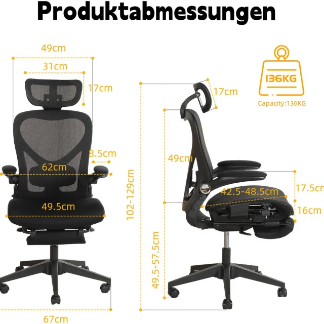 FloraGrace Ergonomische Bureaustoel 62 x 48,5 x 129 Cm - Opklapbare Rugleuning, 3D Hoofdsteun En Lendensteun - Werkplek - Netstof - Zwart
