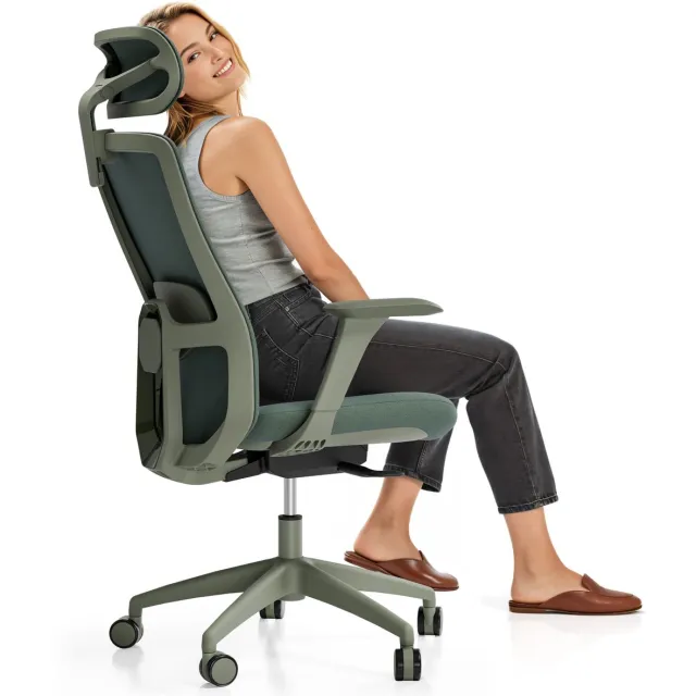 Desktronic SitOne Ergonomische Bureaustoel - Bureaustoelen voor volwassenen - Bureau stoel voor kantoor, gaming - 4D lendensteun systeem - Armleuningen 4D - Rugleuning 98° tot 135° - heeft BIFMA en .IGR ergonomiecertificering - Groen