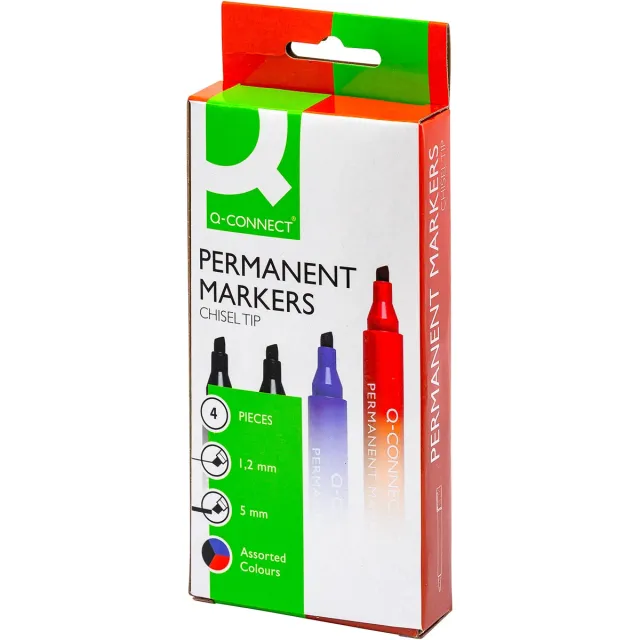 Q-CONNECT permanente marker, 2-5 mm, schuine punt, geassorteerde kleuren, etui van 4 stuks blauw
