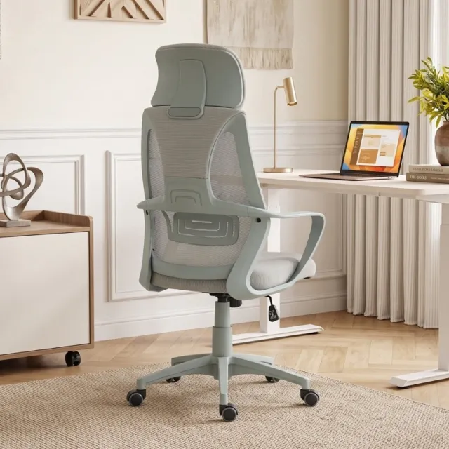 DESMIU Bureaustoel 64 x 55 x 126 cm - In Hoogte Verstelbaar Met Kantelfunctie En Hoofdsteun - Voor Thuiskantoor - Polyester Grijs