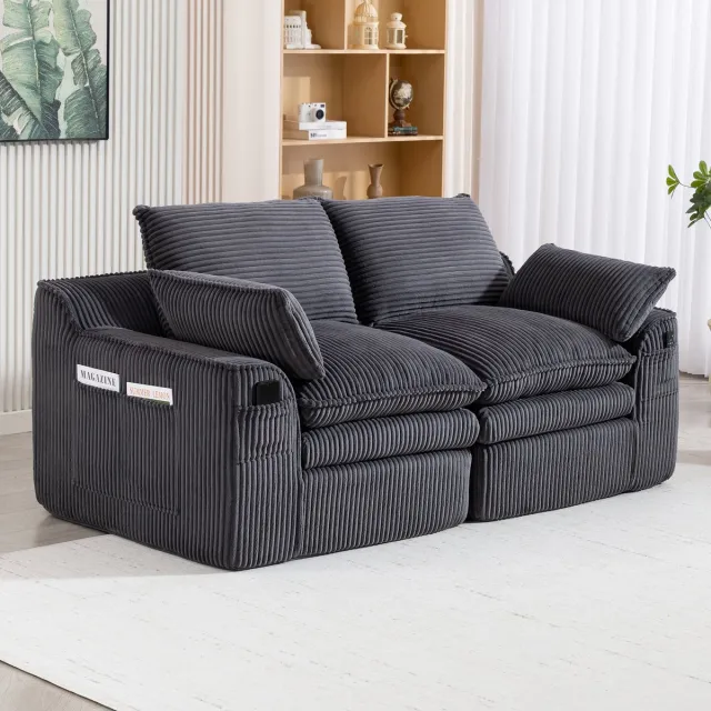 DESMIU Zitbank 191 Cm - 2-Zits Met Kussens En Zijvakken - Voor Woonkamer En Kantoor - Corduroy Donkergrijs