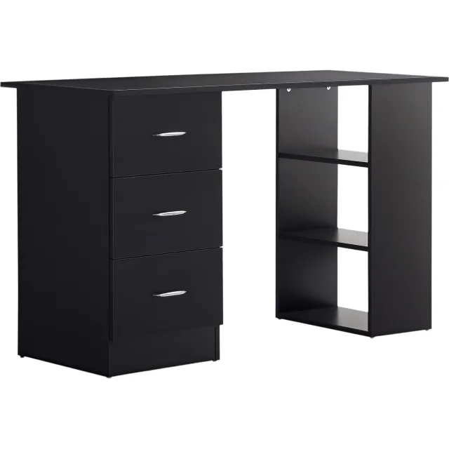 Lunpog Computerbureau met 3 laden - 120 x 50 cm - zwart - 3 open planken - omkeerbare opslag