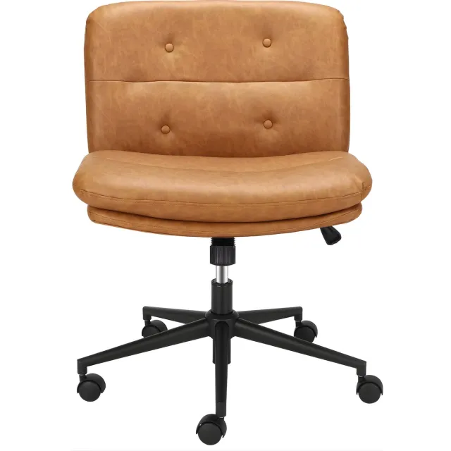 Happiq Armloze Bureaustoel met Wielen - Voor Thuiskantoor & Make-up - Ergonomische Middenrugstoel met Brede Zitting, 360° Draaibaar - PU Gewatteerd - Bruin Brown