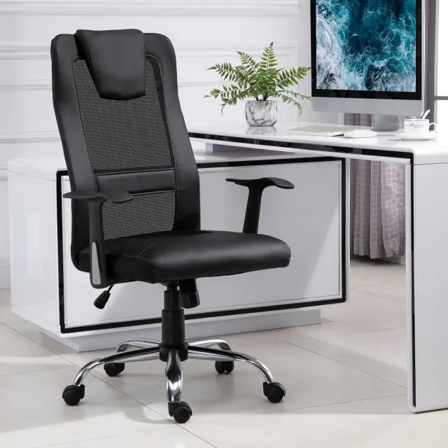 DESMIU Bureaustoel 66 x 73 x 108-118 Cm - Ergonomisch Met Wippfunctie En 360 Graden Draaibaar - Voor Kantoor En Thuiswerkplek - Kunstleer En Mesh - Zwart Black
