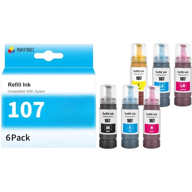 INKFIND 107 inkt geschikt voor Epson107 Epson 107 C13T09B140 C13T09B240 C13T09B340 C13T09B440 540 6-kleuren (BK/C/M/Y/LC/LM) multipack voor Epson EcoTank ET-18100 L18050 L8050 L8100 C13T09C14A C13T09C24A C13T09C34A C13T09C44A C13T09C54A C13T09C64A Zwart x 1, Cyaan x 1, Magenta x 1, Geel x 1, Licht Cyaan x 1, Licht Magenta x 1