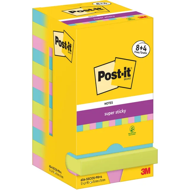 Post-it Super Sticky Notes Cosmic, 90 vel, ft 76 x 76 mm, 8 + 4 GRATIS