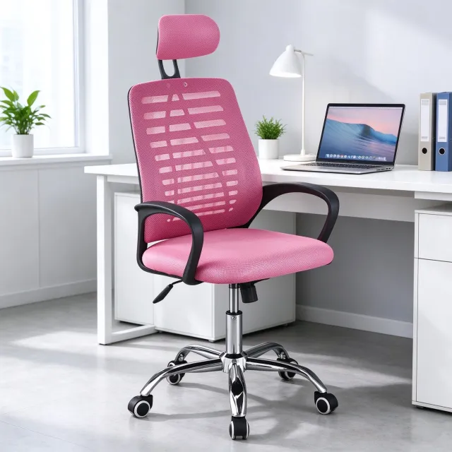 learnlogic Roze bureaustoel in hoogte verstelbaar met zwenkwielen 47x47x116 cm ergonomisch