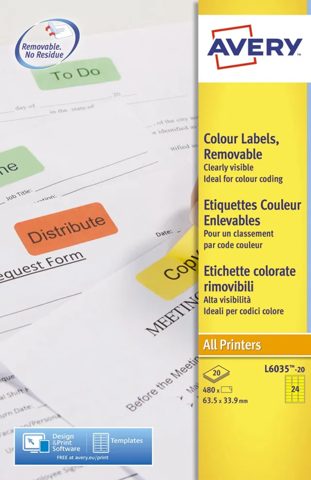 Avery Zweckform Avery afneembare gekleurde etiketten ft 63,5 x 33,9 mm (b x h), 480 stuks, 24 per blad, geel