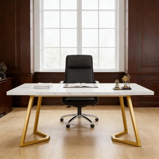 MIVRAY Bureau - Moderne Computertafel Met Marmereffect En Metalen Poten - Voor Thuiswerkplek En Kantoor - Wit Goud - 140x80x75 Cm