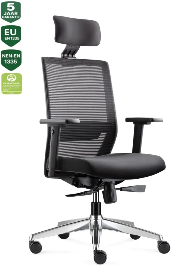 Bens 850H-Ergo-3 - Ergonomische Bureaustoel - Bureaustoelen voor volwassenen - Kantoorstoel - Incl. Hoofdsteun - Gepolijst aluminium voetenkruis - GREENGUARD GOLD - NEN-EN1335 & ARBO normen Zwart/Aluminium incl. hoofdsteun