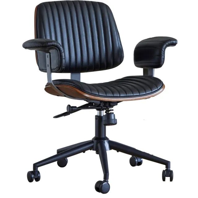 Ropilly Zwarte leren bureaustoel - Ergonomische computerstoel met wielen - In hoogte verstelbaar - 360° draaibaar - Thuiskantoor - 73x59x87 cm - Zwart