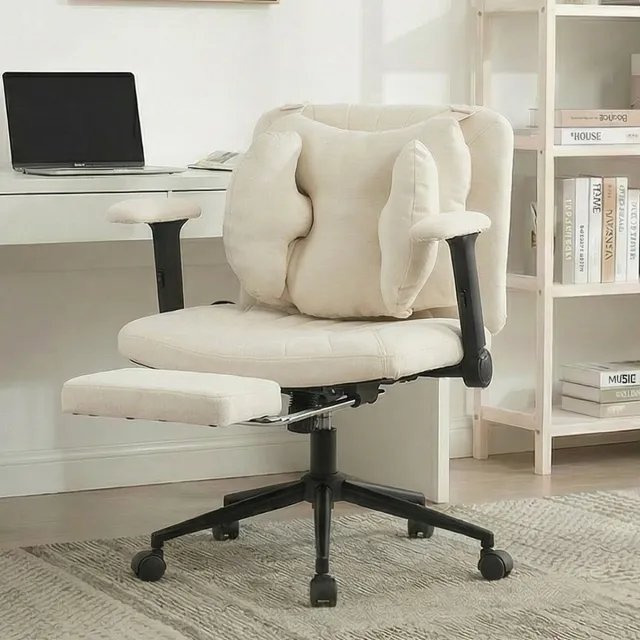 DESMIU Bureaustoel 80 x 55 x 86 cm - Verstelbare Hoogte Met Voetsteun En 360 Graden Draaibaar - Voor Thuiskantoor - Stof Beige