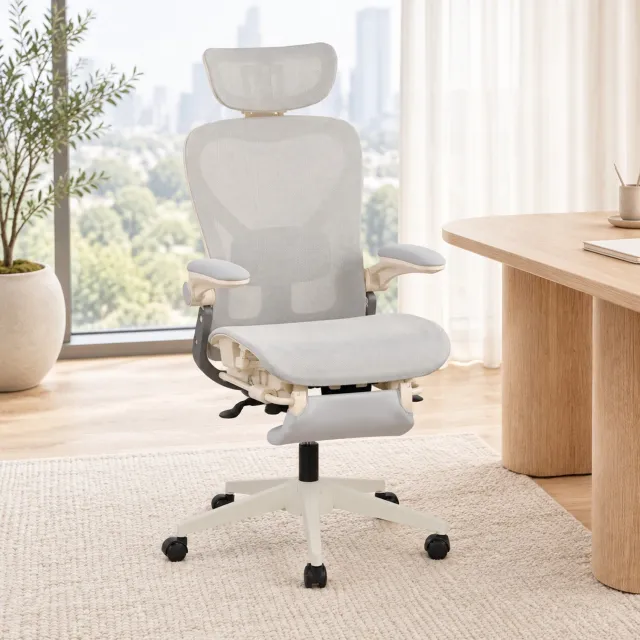 Wishdor Ergonomische bureaustoel - Verstelbare hoofdsteun en lendensteun - Inklapbare rugleuning en armleuningen - Kantelfunctie - Voor werk studie en gamen - Grijs mesh - 62 x 48,5 x 129 cm