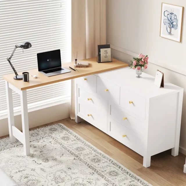 FloraGrace Bureau - Draaibaar Tafelblad Met 7 Lades - Hoekbureau En Opbergoplossing Voor Woonkamer Of Kantoor - Spaanplaat - 120x40x70 Cm - Wit Naturel