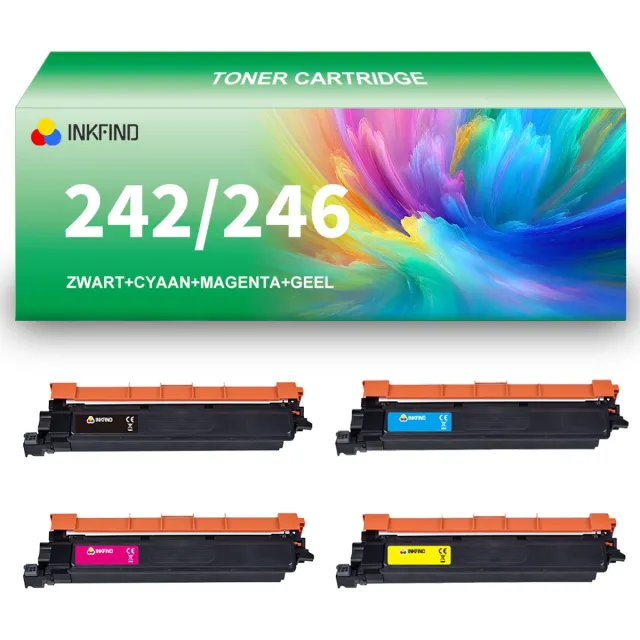 INKFIND TN242/246 tonercartridge (extra hoge capaciteit) multipack van 4 stuks (Zwart+Cyaan+Magenta+Geel) compatibel met Brother TN242 TN246 TN-242BK/246C/246M/246Y voor Brother HL-3152/3142/3172CDW/MFC-9332/9342CDW toner cartridge - 4-pack BK/C/M/Y Zwart x 1, Cyaan x 1, Magenta x 1, Geel x 1